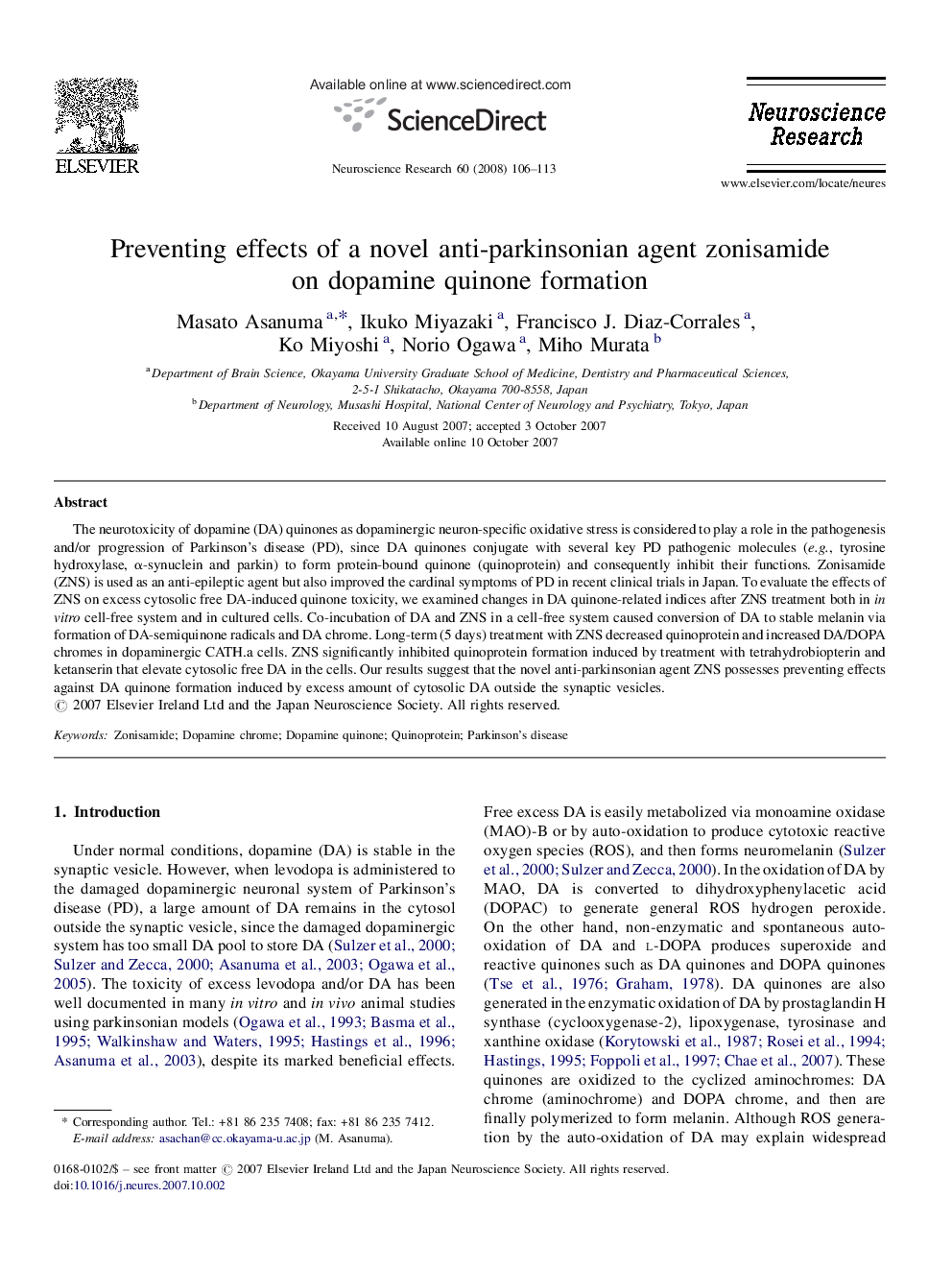 Preventing effects of a novel anti-parkinsonian agent zonisamide on dopamine quinone formation