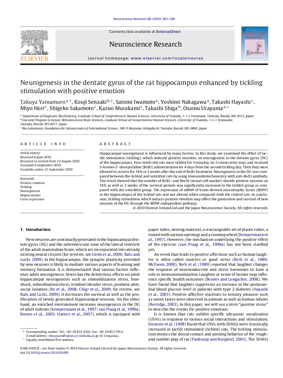 Neurogenesis in the dentate gyrus of the rat hippocampus enhanced by tickling stimulation with positive emotion