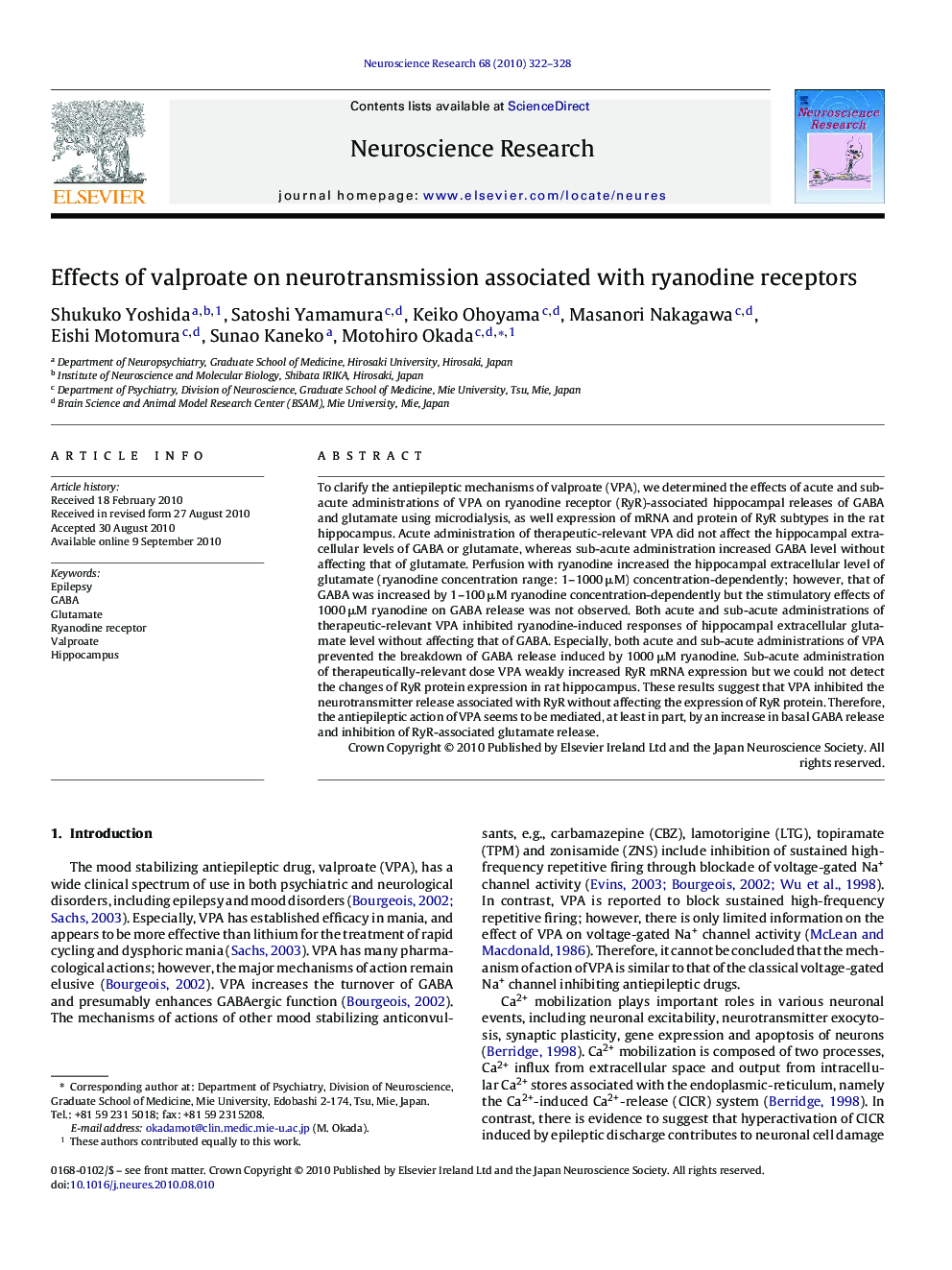 Effects of valproate on neurotransmission associated with ryanodine receptors