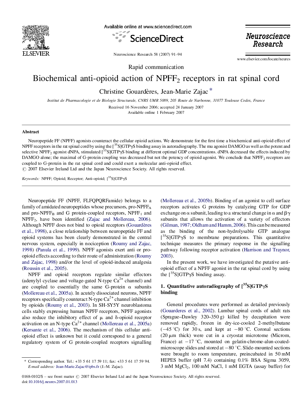 Biochemical anti-opioid action of NPFF2 receptors in rat spinal cord