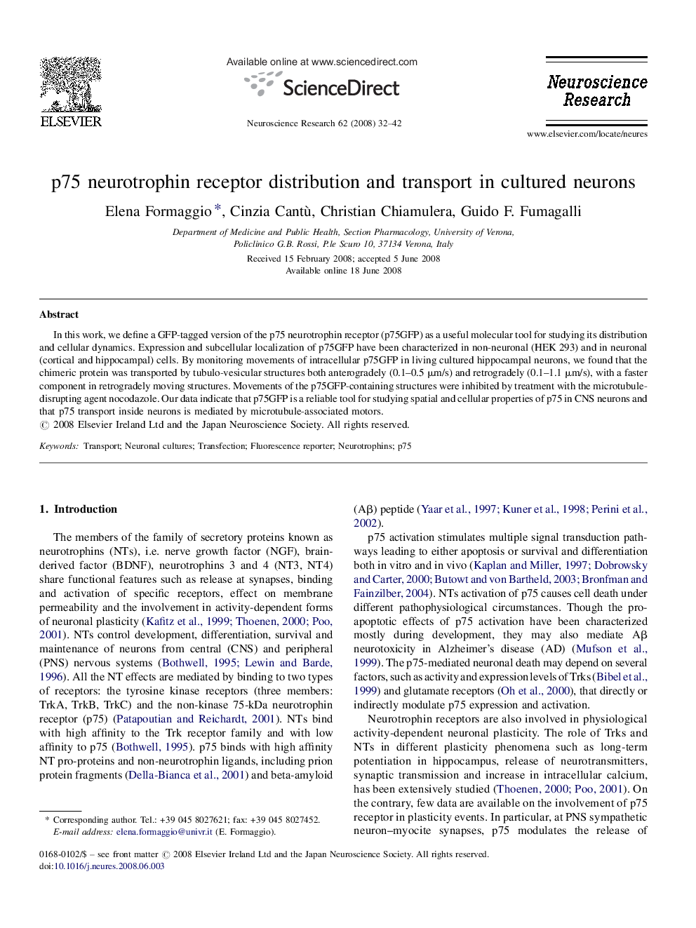 p75 neurotrophin receptor distribution and transport in cultured neurons