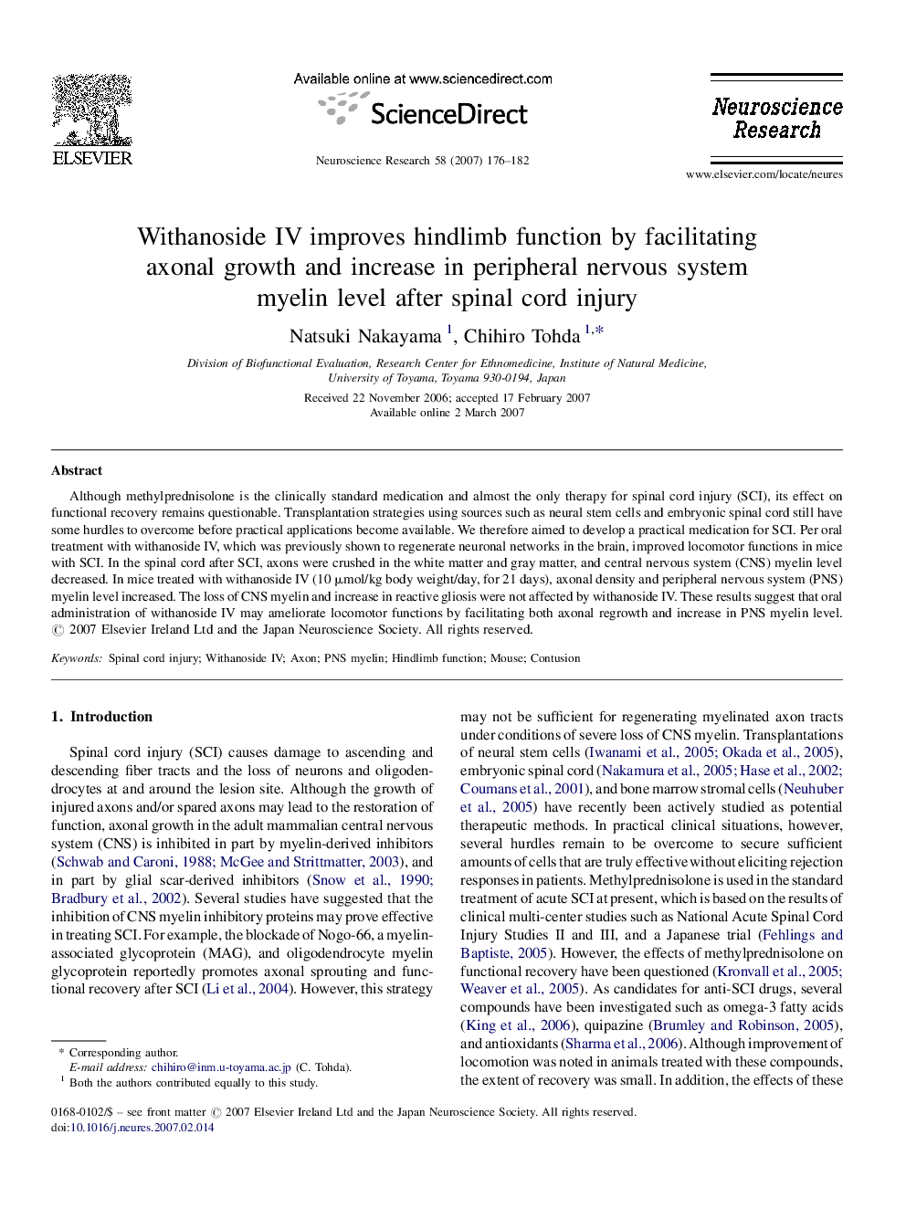 Withanoside IV improves hindlimb function by facilitating axonal growth and increase in peripheral nervous system myelin level after spinal cord injury