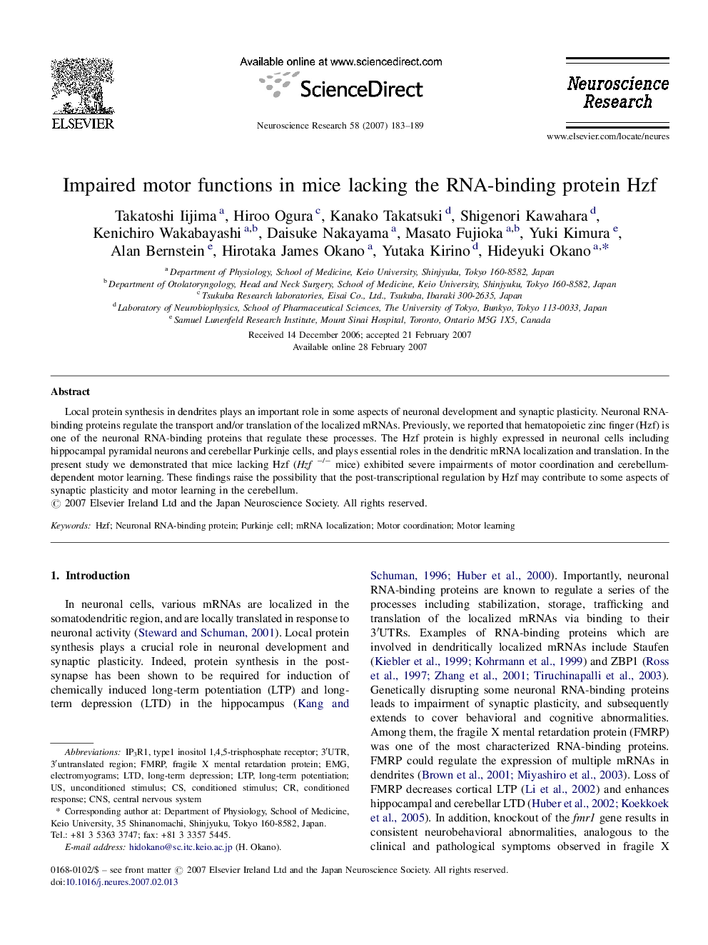 Impaired motor functions in mice lacking the RNA-binding protein Hzf