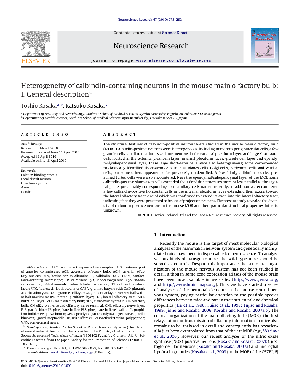 Heterogeneity of calbindin-containing neurons in the mouse main olfactory bulb: I. General description 