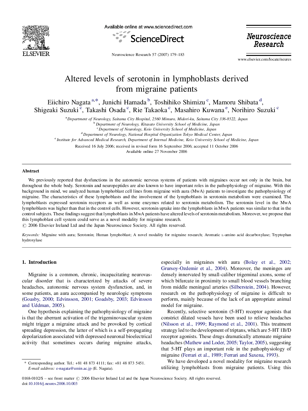 Altered levels of serotonin in lymphoblasts derived from migraine patients