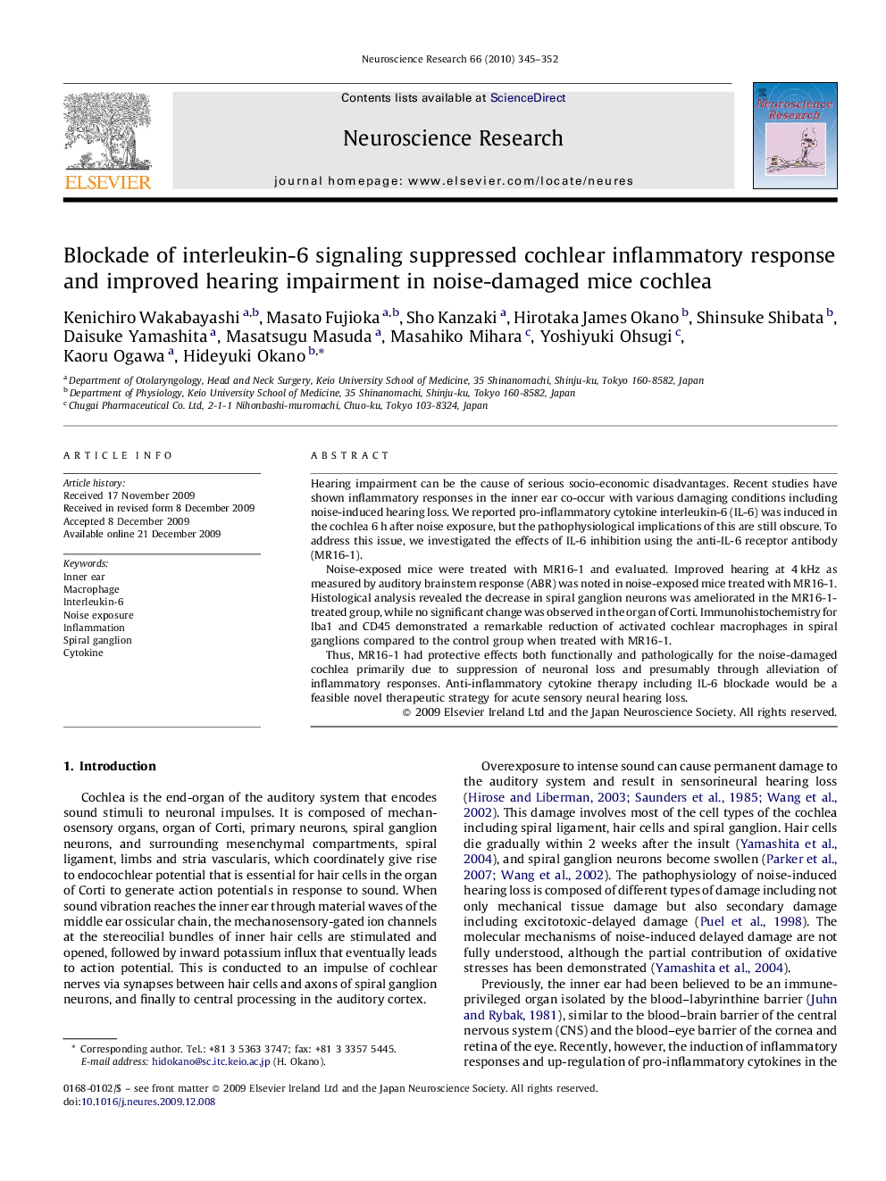 Blockade of interleukin-6 signaling suppressed cochlear inflammatory response and improved hearing impairment in noise-damaged mice cochlea