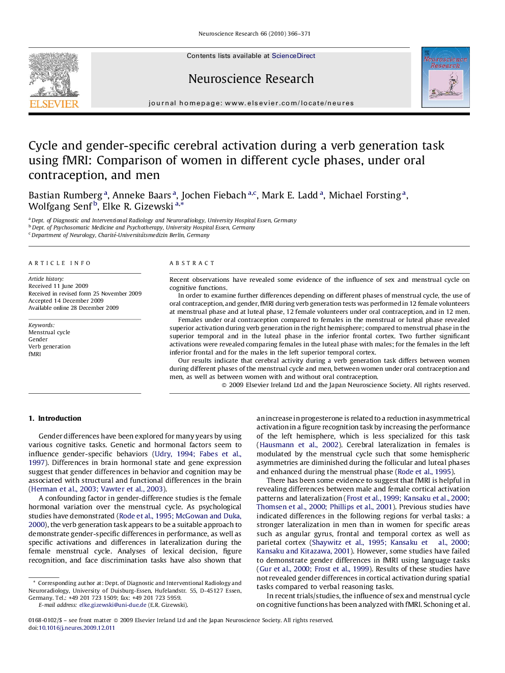 Cycle and gender-specific cerebral activation during a verb generation task using fMRI: Comparison of women in different cycle phases, under oral contraception, and men