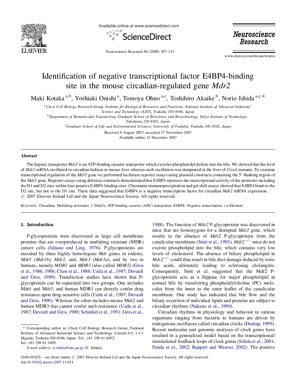 Identification of negative transcriptional factor E4BP4-binding site in the mouse circadian-regulated gene Mdr2