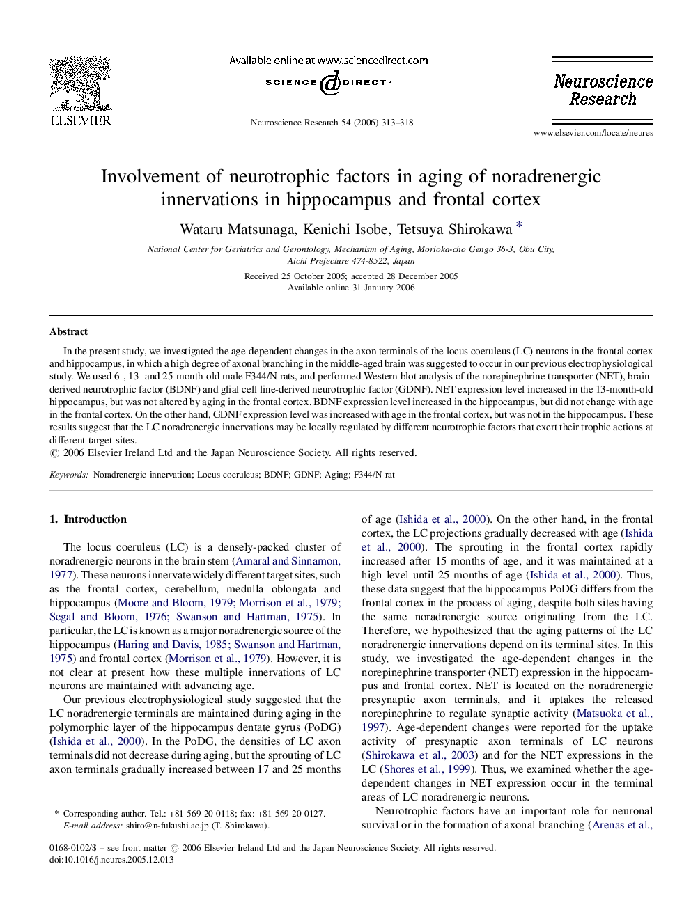 Involvement of neurotrophic factors in aging of noradrenergic innervations in hippocampus and frontal cortex