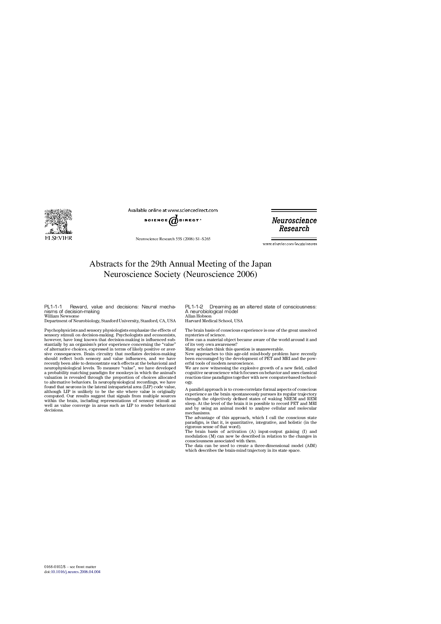 Abstracts for the 29th Annual Meeting of the Japan Neuroscience Society (Neuroscience2006)