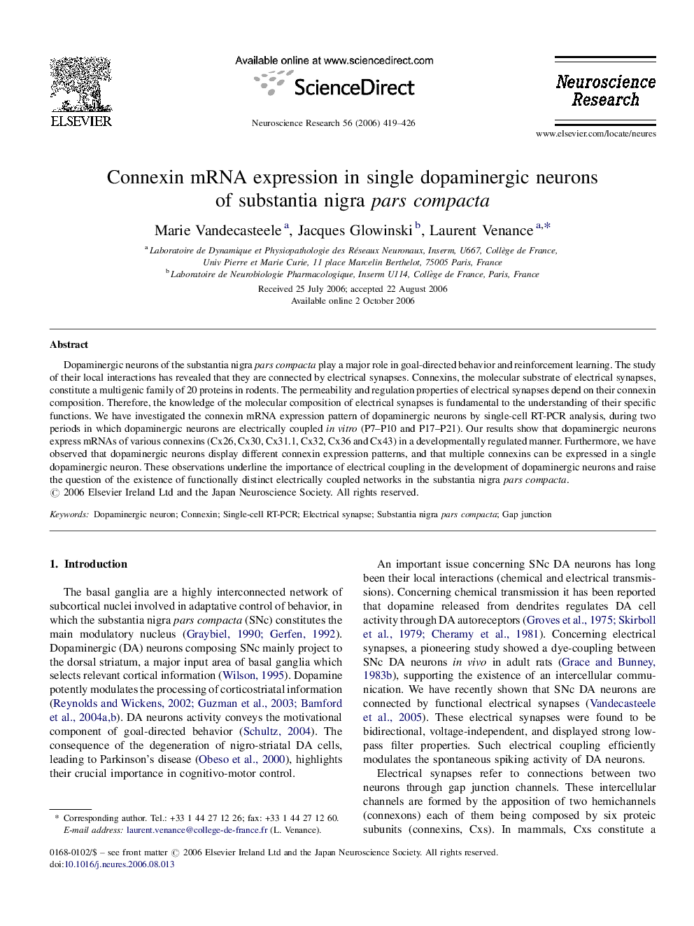 Connexin mRNA expression in single dopaminergic neurons of substantia nigra pars compacta