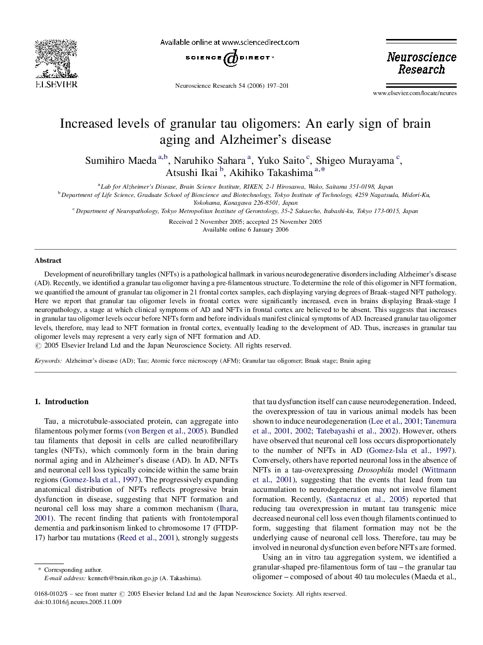 Increased levels of granular tau oligomers: An early sign of brain aging and Alzheimer's disease