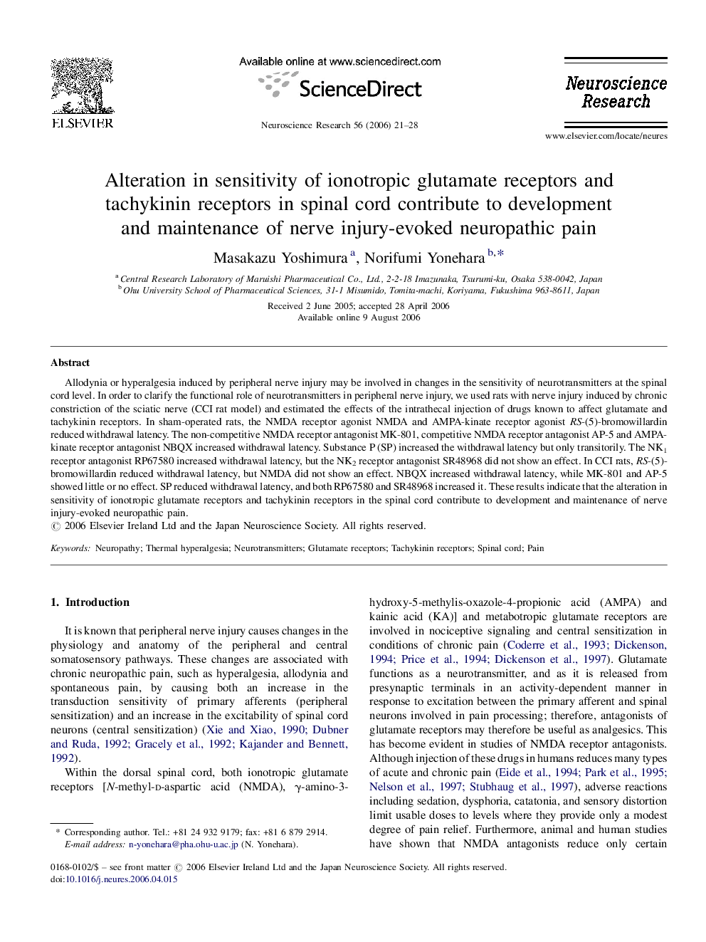 Alteration in sensitivity of ionotropic glutamate receptors and tachykinin receptors in spinal cord contribute to development and maintenance of nerve injury-evoked neuropathic pain