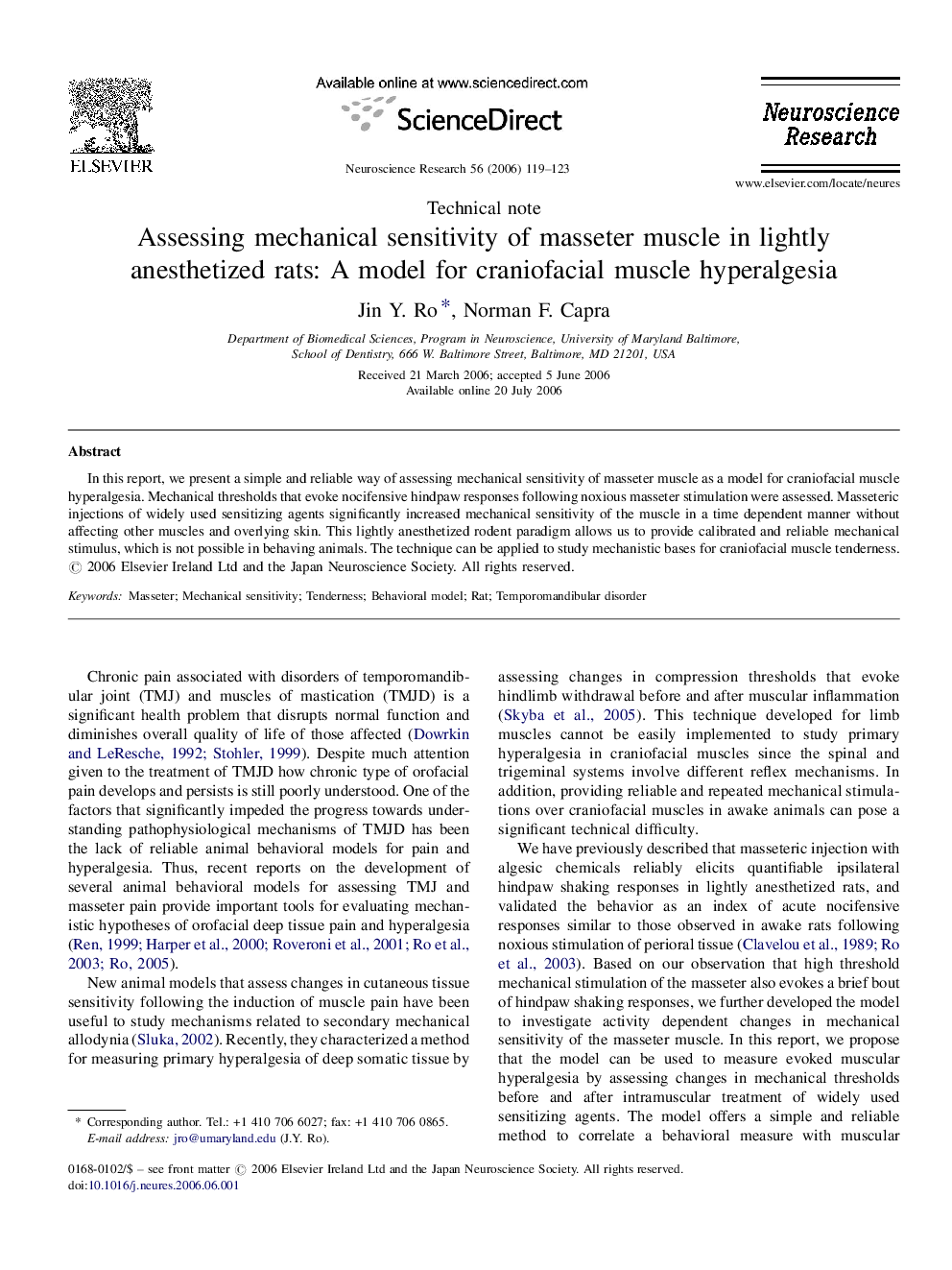 Assessing mechanical sensitivity of masseter muscle in lightly anesthetized rats: A model for craniofacial muscle hyperalgesia