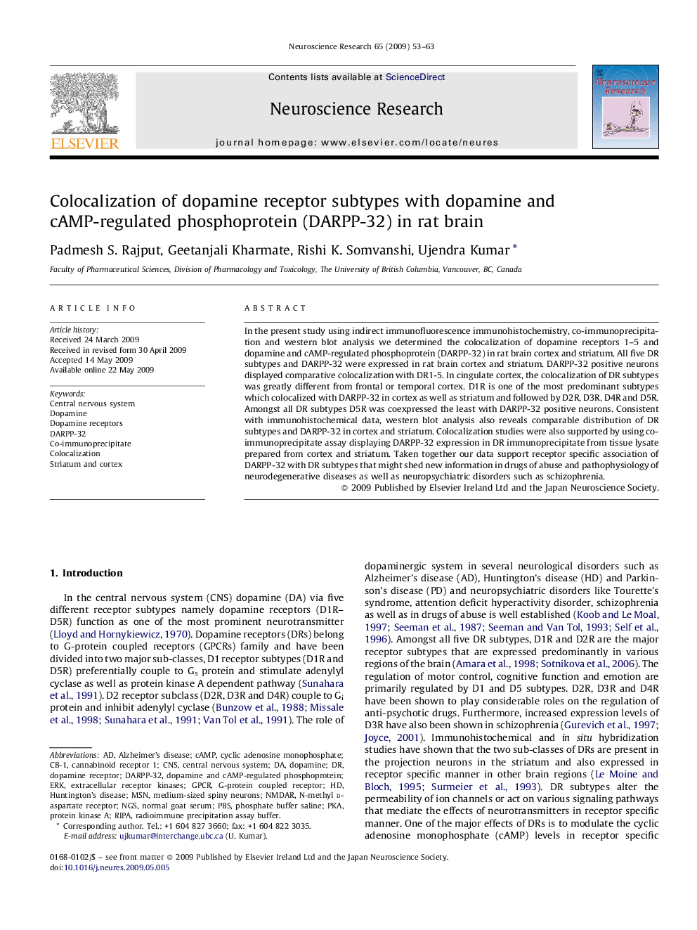 Colocalization of dopamine receptor subtypes with dopamine and cAMP-regulated phosphoprotein (DARPP-32) in rat brain