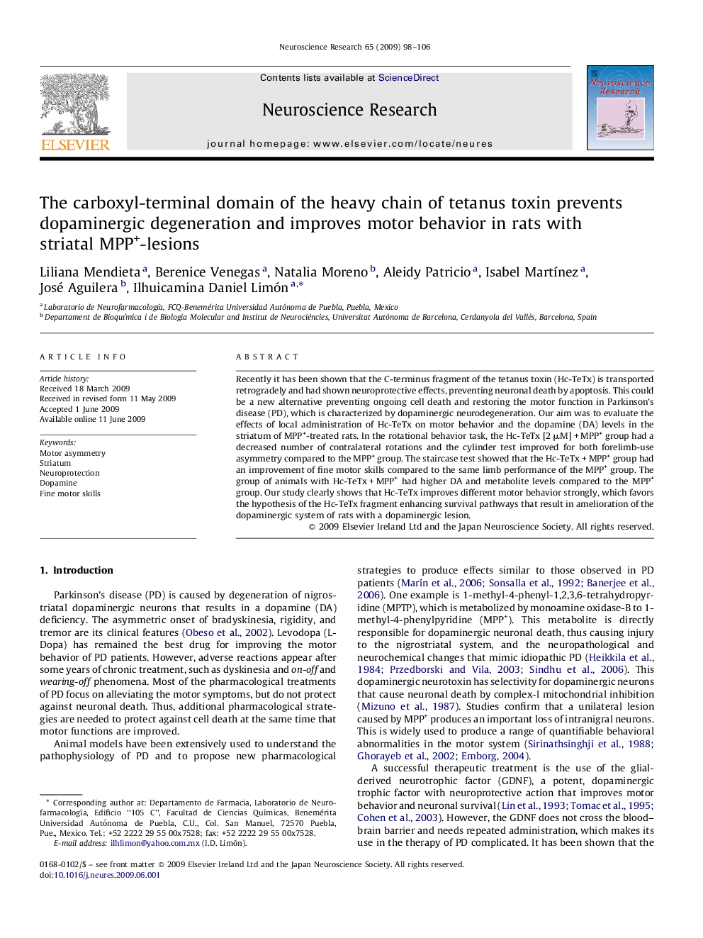 The carboxyl-terminal domain of the heavy chain of tetanus toxin prevents dopaminergic degeneration and improves motor behavior in rats with striatal MPP+-lesions