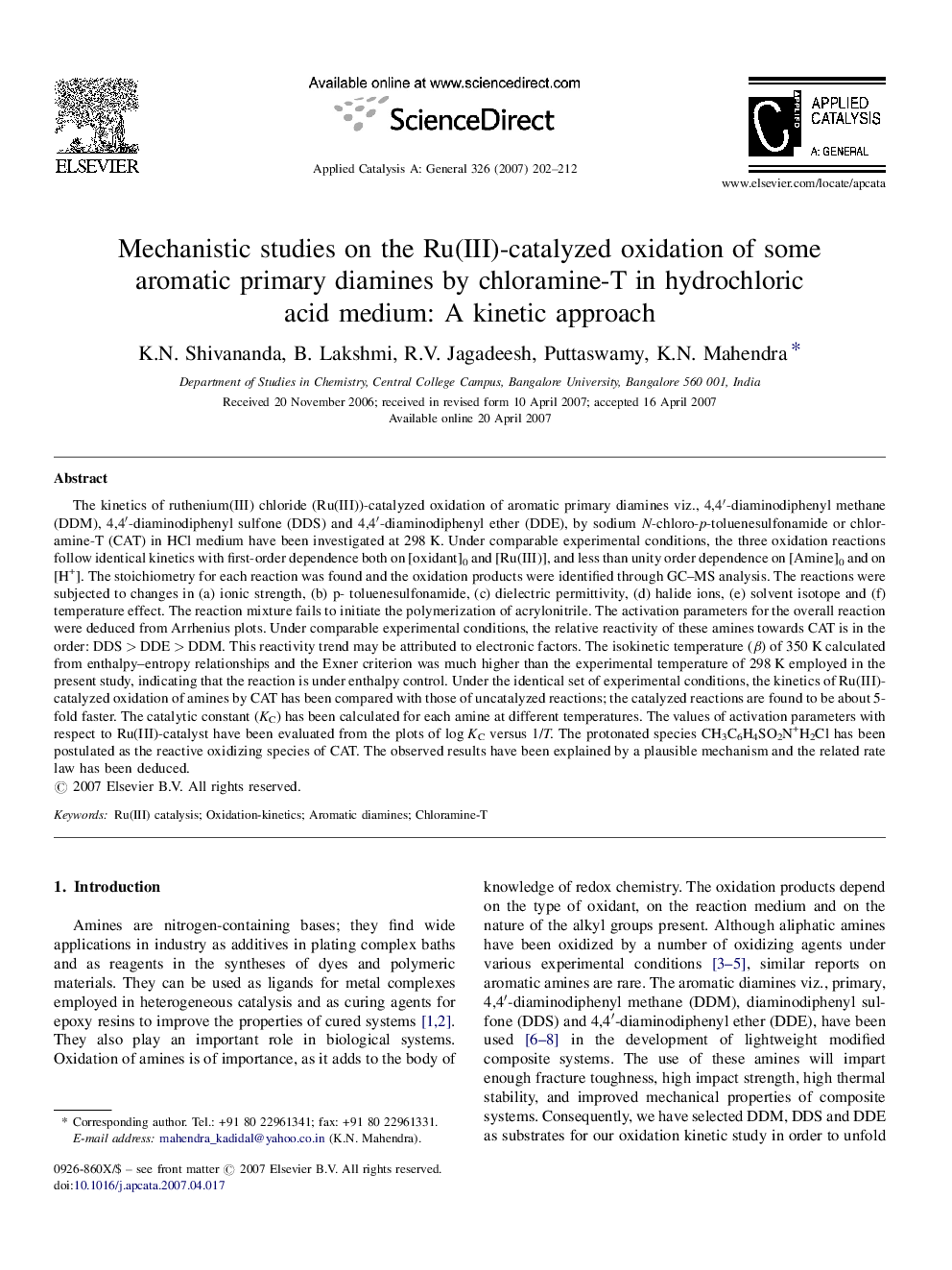 Mechanistic studies on the Ru(III)-catalyzed oxidation of some aromatic primary diamines by chloramine-T in hydrochloric acid medium: A kinetic approach