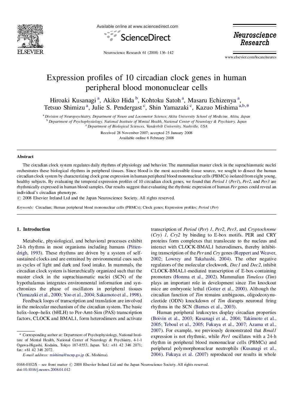 Expression profiles of 10 circadian clock genes in human peripheral blood mononuclear cells