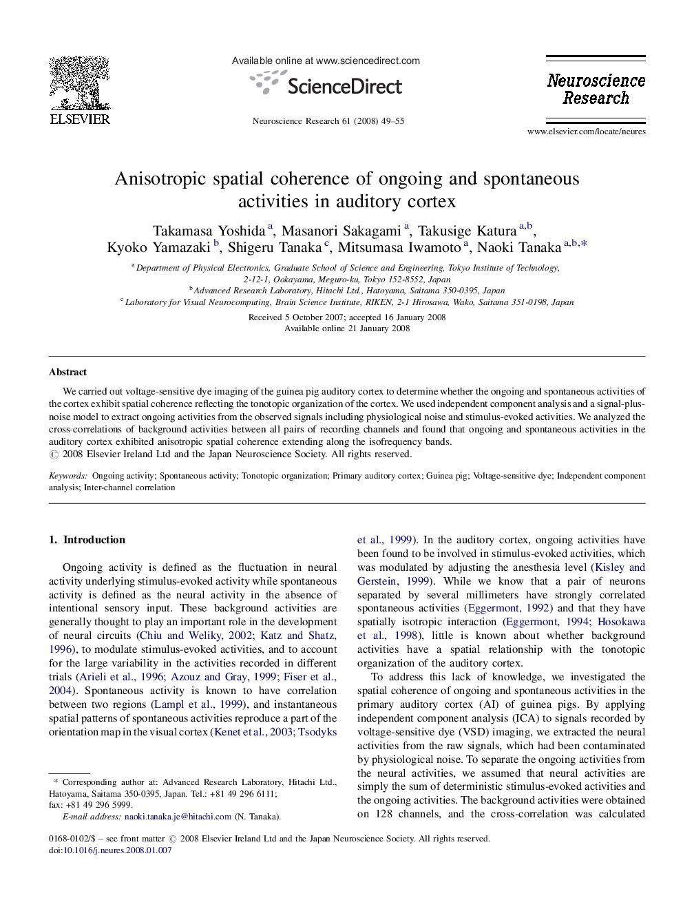 Anisotropic spatial coherence of ongoing and spontaneous activities in auditory cortex