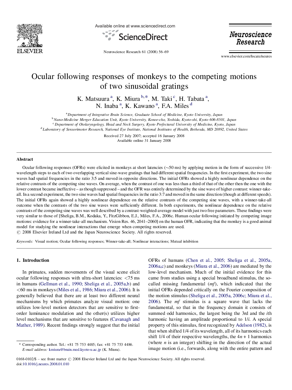 Ocular following responses of monkeys to the competing motions of two sinusoidal gratings