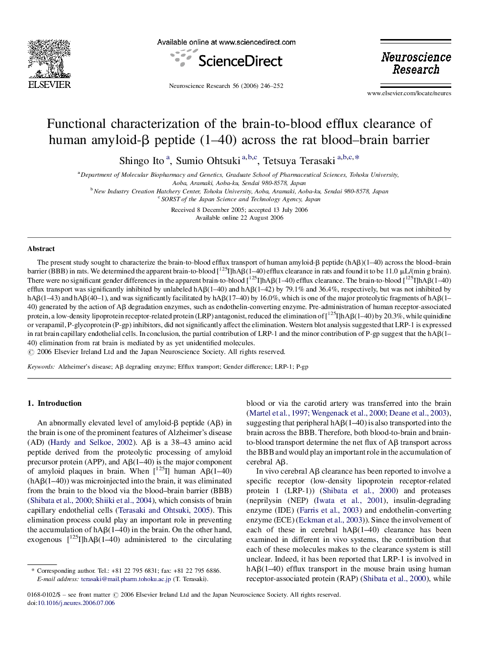 Functional characterization of the brain-to-blood efflux clearance of human amyloid-β peptide (1–40) across the rat blood–brain barrier