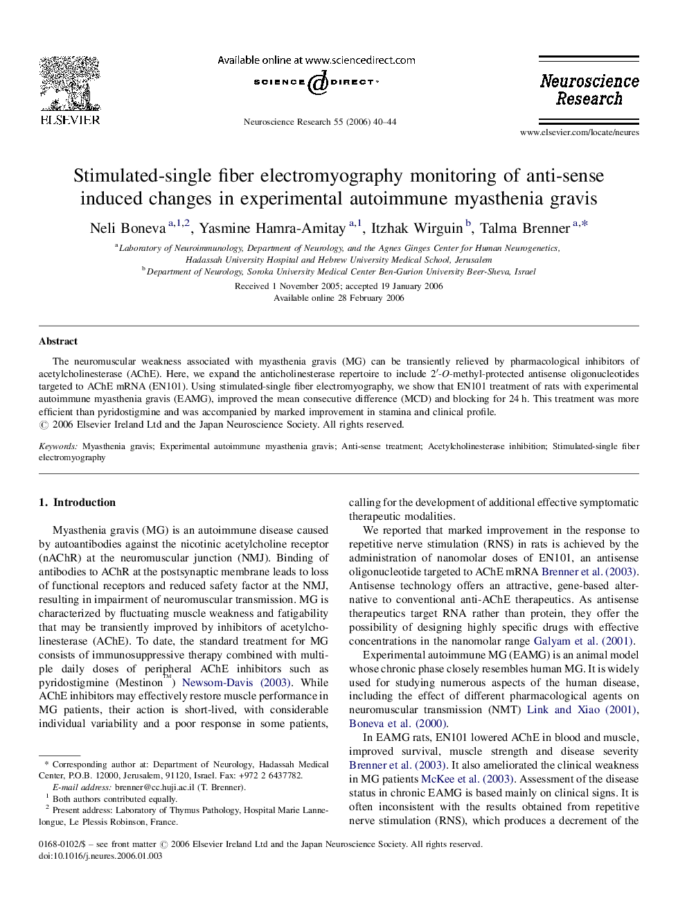 Stimulated-single fiber electromyography monitoring of anti-sense induced changes in experimental autoimmune myasthenia gravis