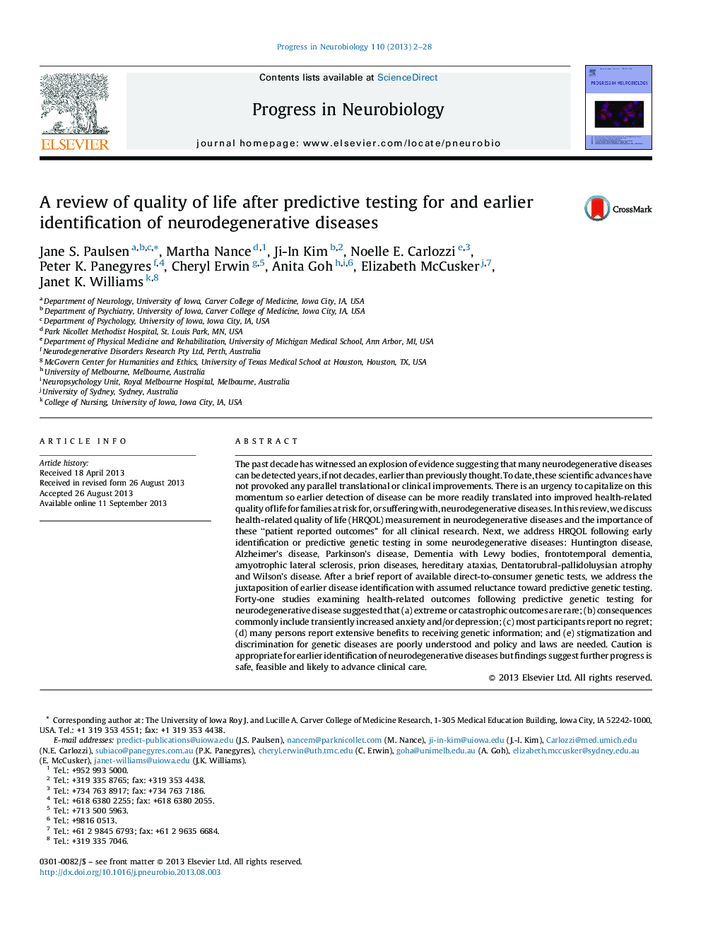 A review of quality of life after predictive testing for and earlier identification of neurodegenerative diseases