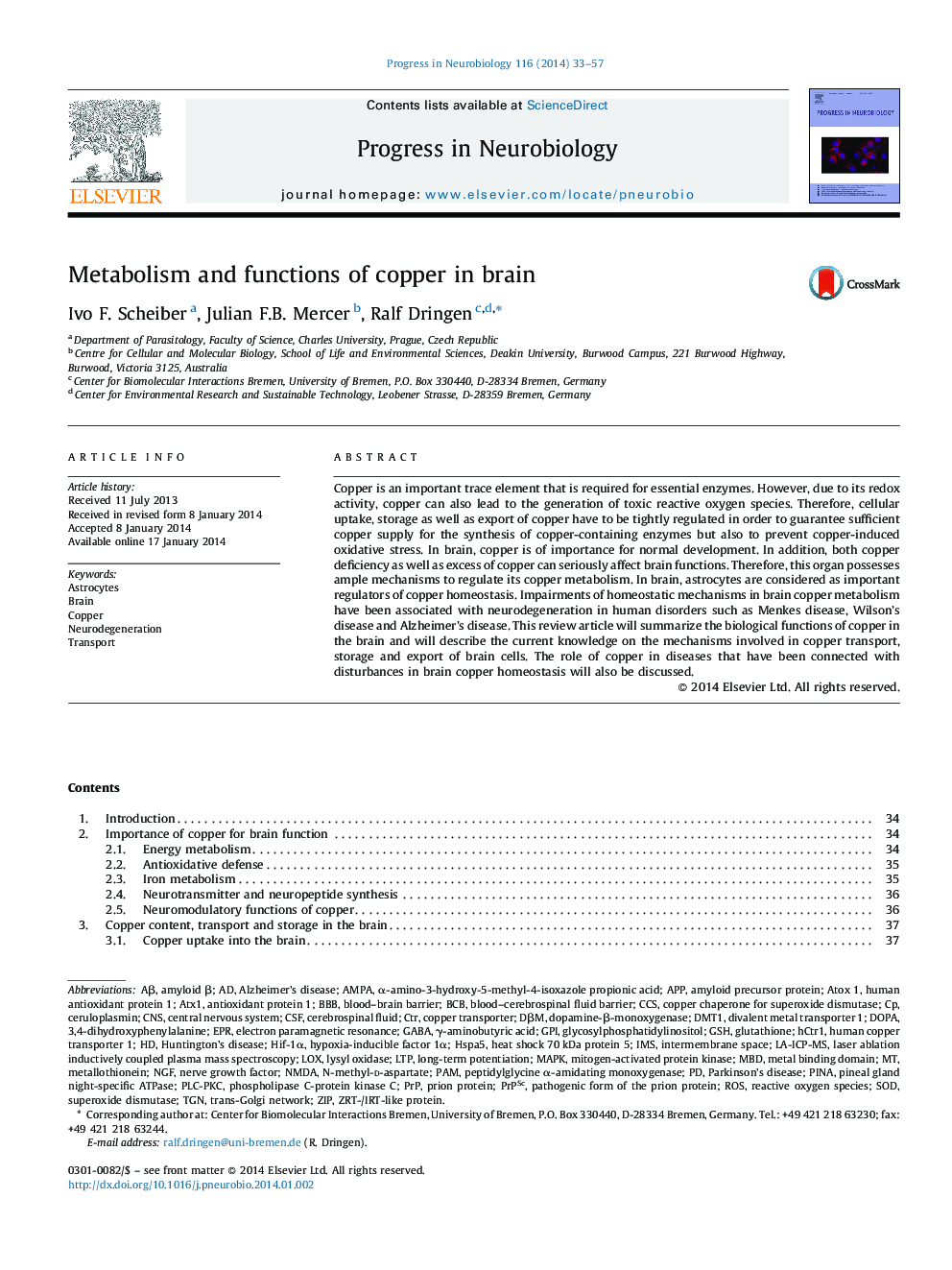 Metabolism and functions of copper in brain