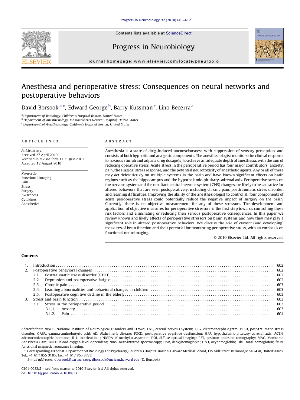 Anesthesia and perioperative stress: Consequences on neural networks and postoperative behaviors