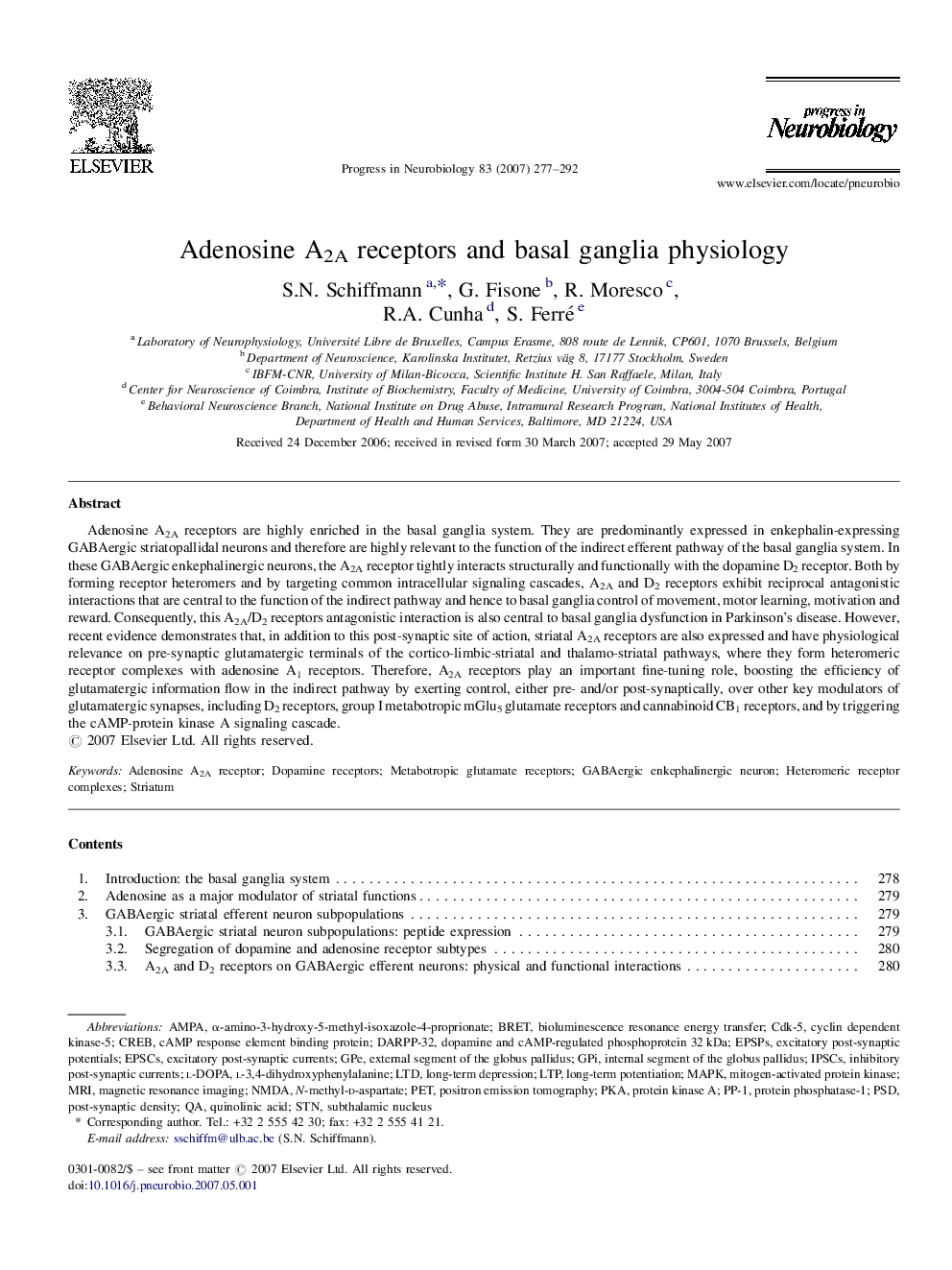 Adenosine A2A receptors and basal ganglia physiology