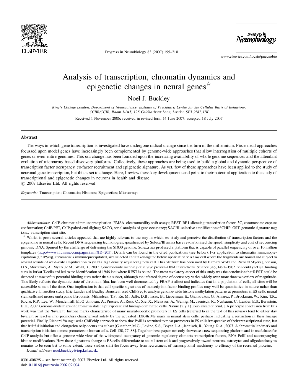 Analysis of transcription, chromatin dynamics and epigenetic changes in neural genes 