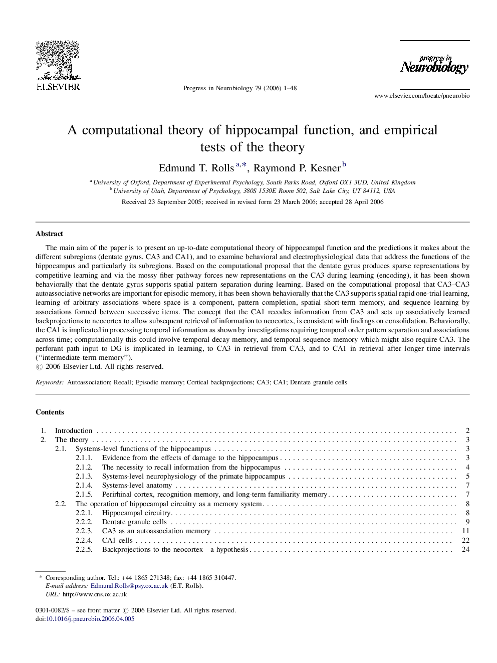 A computational theory of hippocampal function, and empirical tests of the theory
