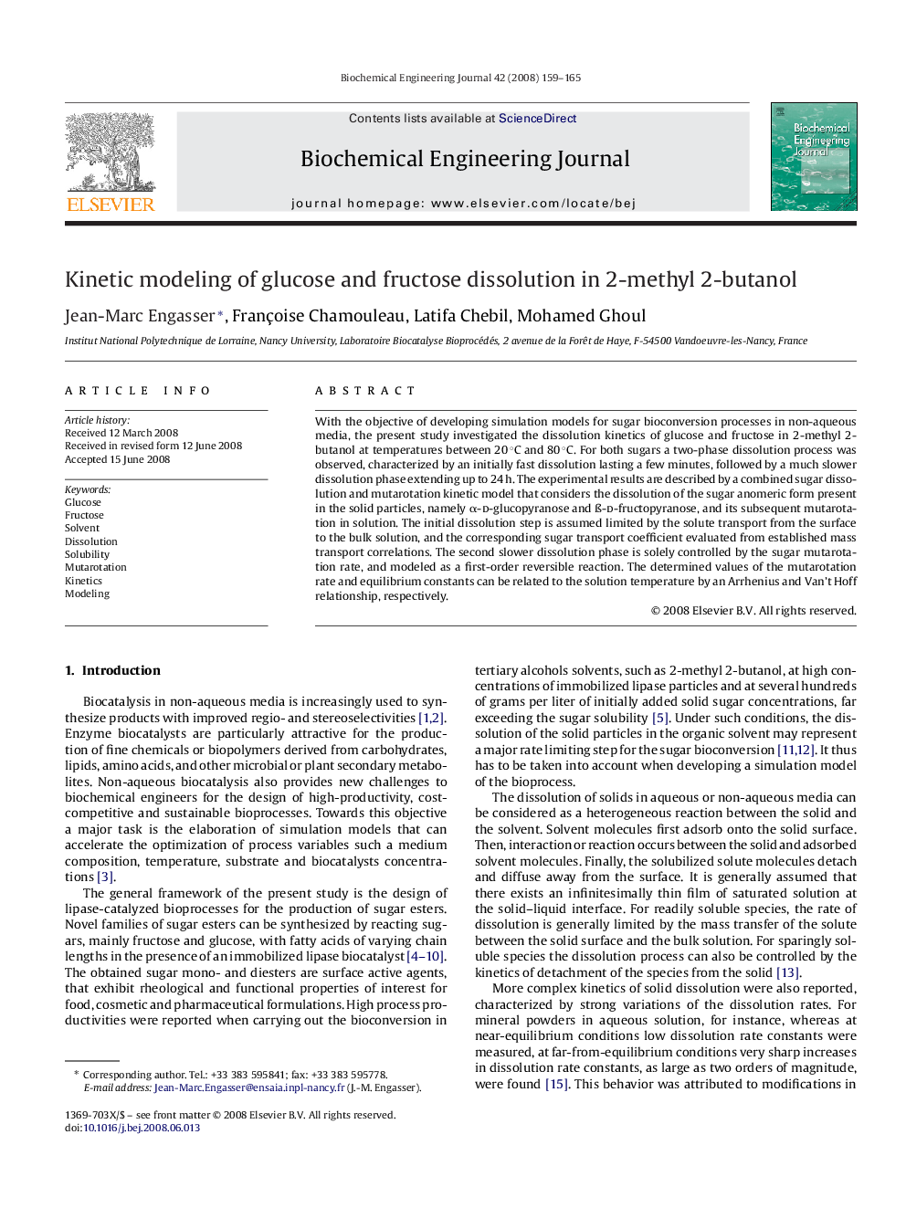 Kinetic modeling of glucose and fructose dissolution in 2-methyl 2-butanol