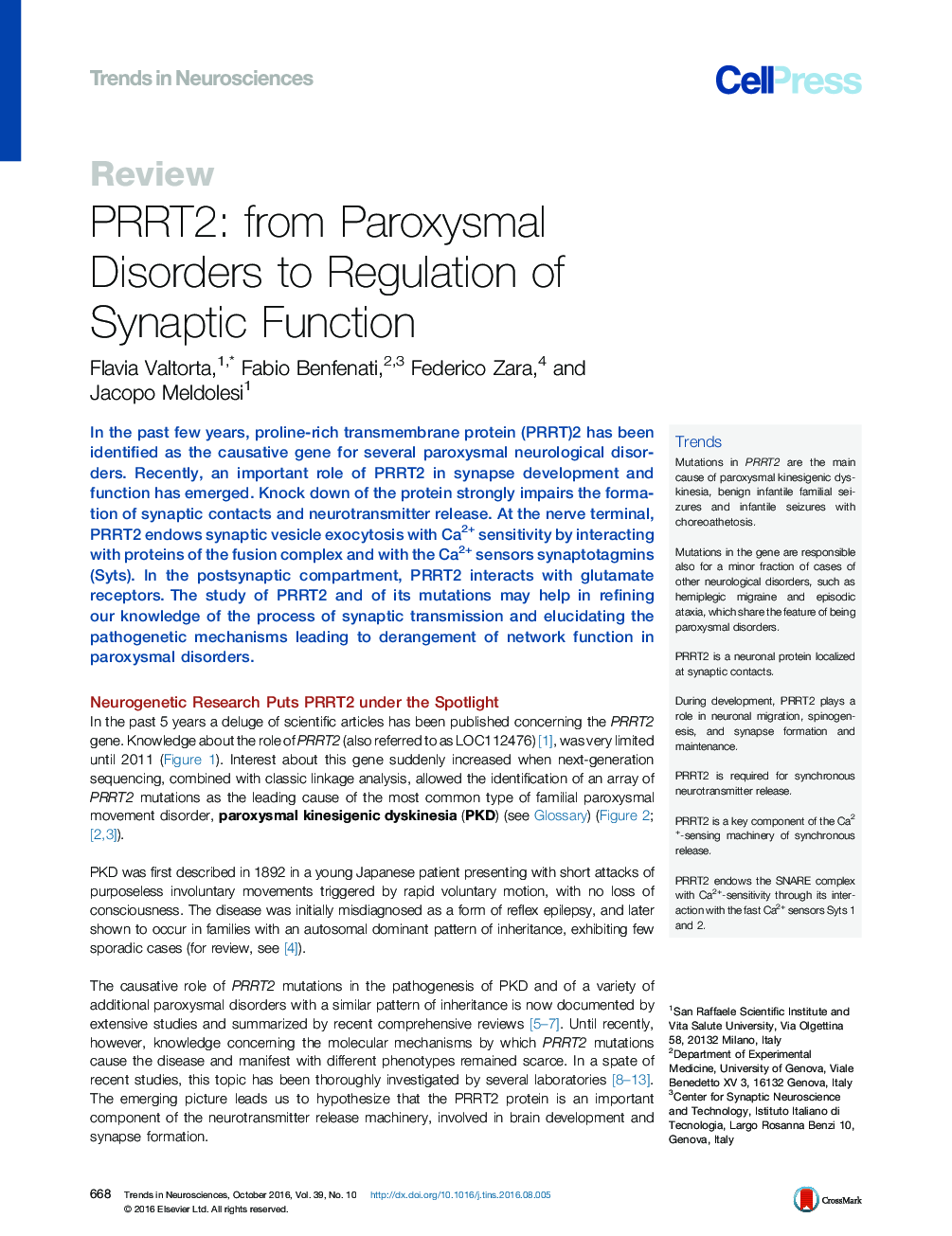 PRRT2: from Paroxysmal Disorders to Regulation of Synaptic Function