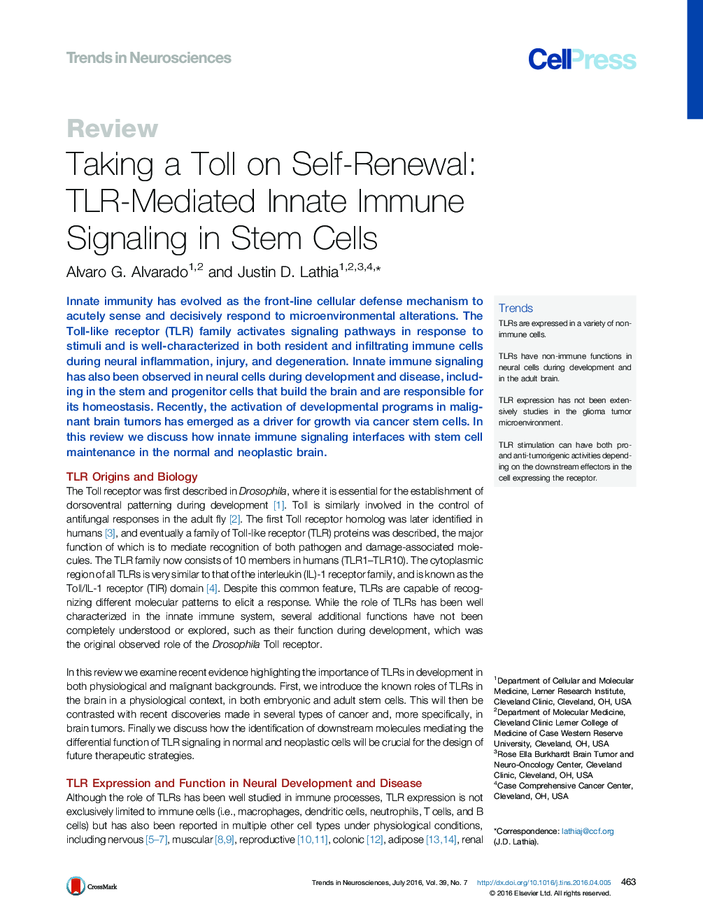 Taking a Toll on Self-Renewal: TLR-Mediated Innate Immune Signaling in Stem Cells