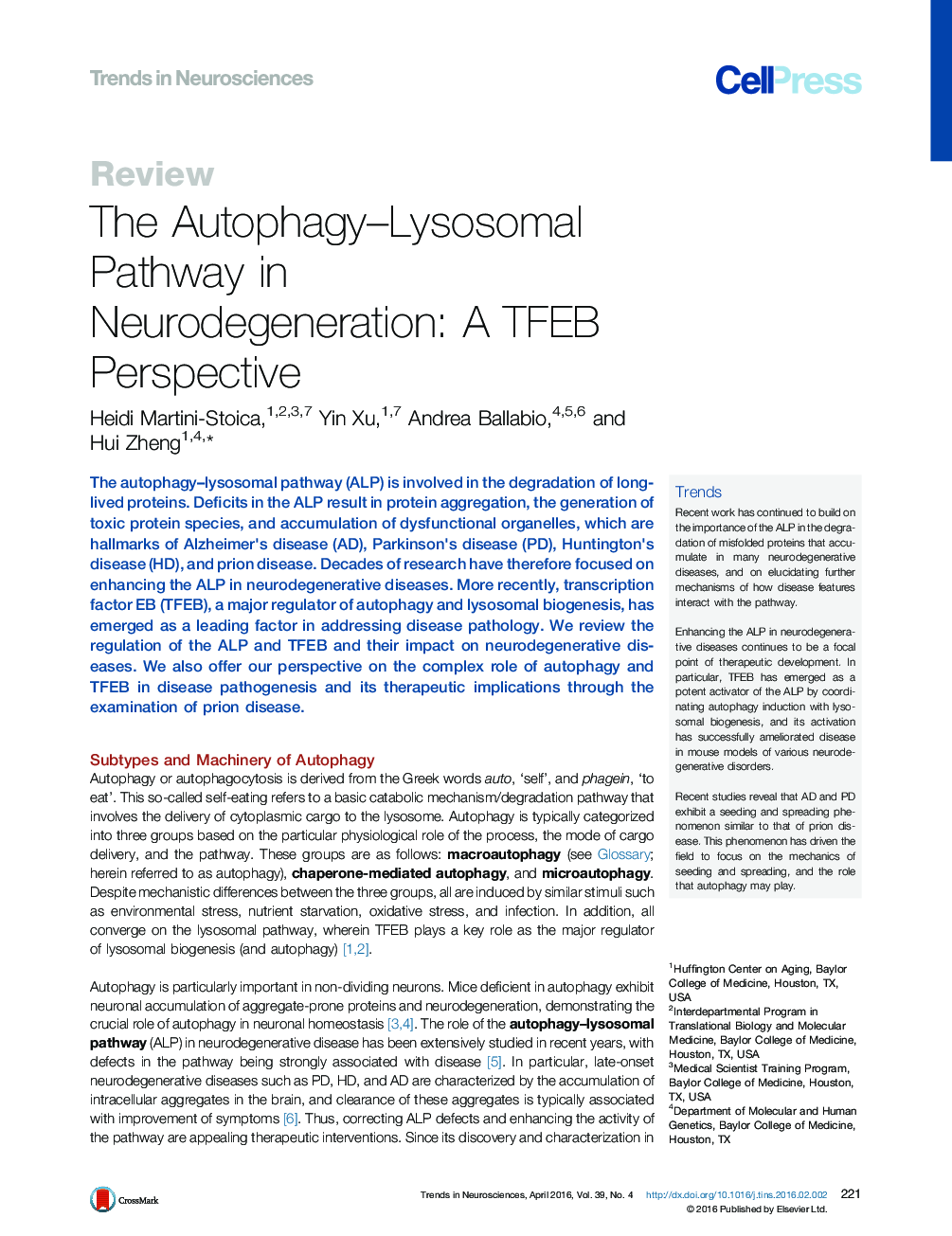 The Autophagy–Lysosomal Pathway in Neurodegeneration: A TFEB Perspective