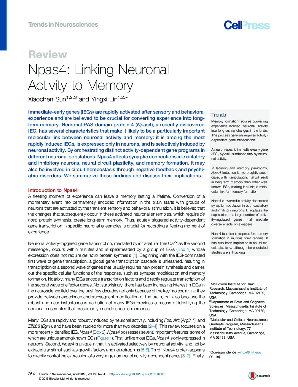 Npas4: Linking Neuronal Activity to Memory