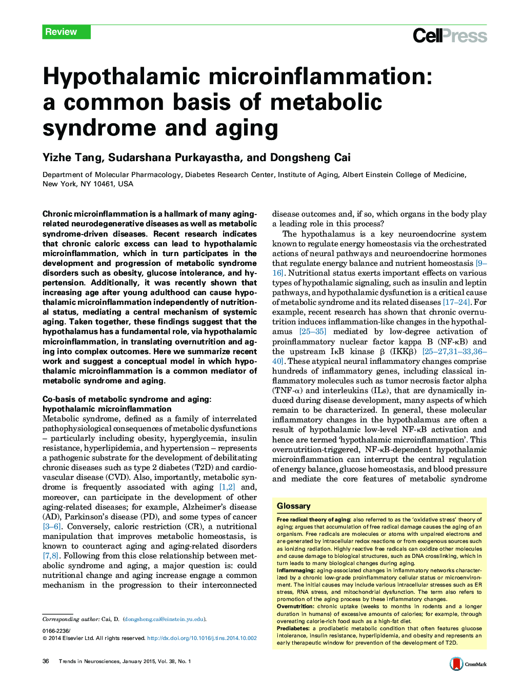 Hypothalamic microinflammation: a common basis of metabolic syndrome and aging