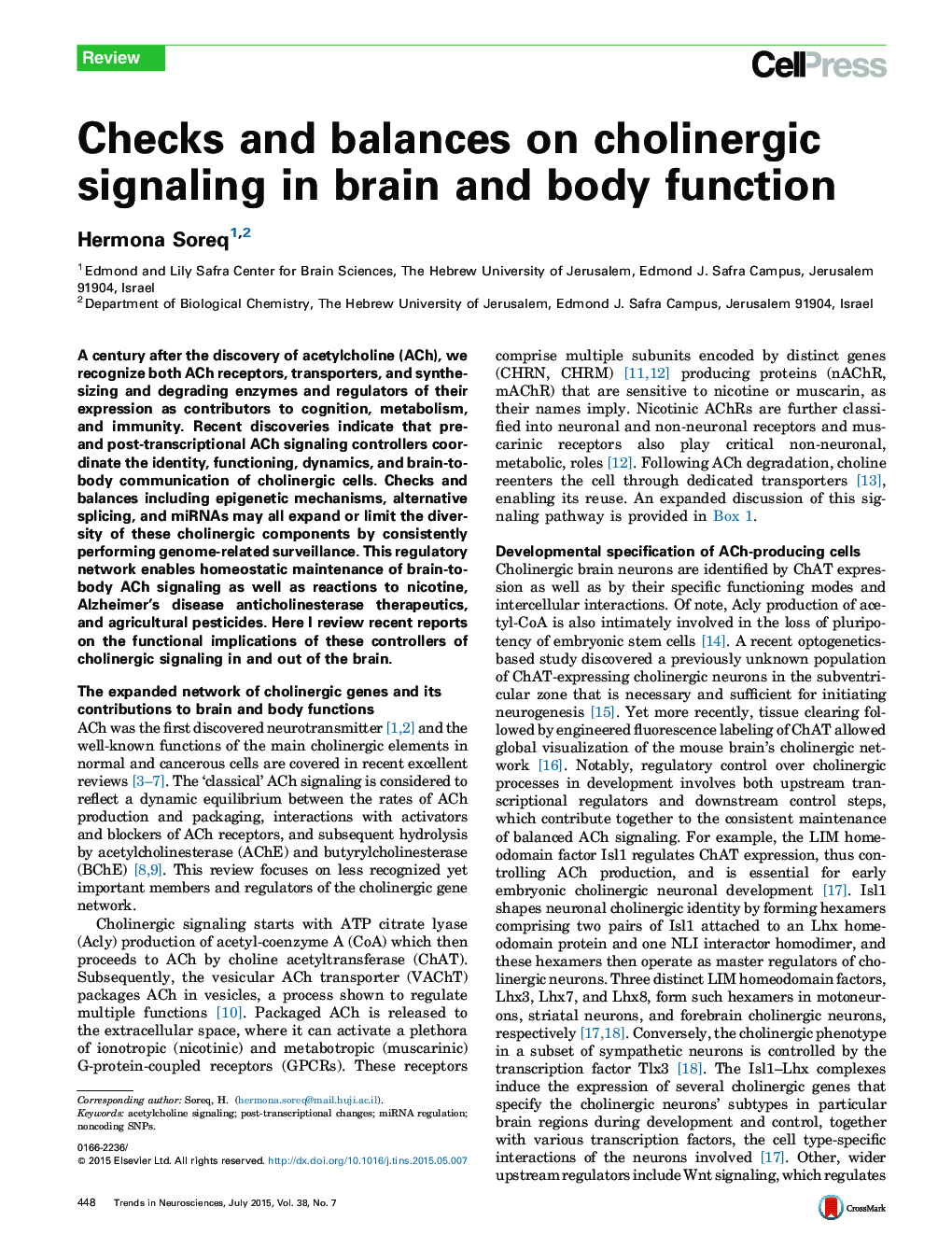 Checks and balances on cholinergic signaling in brain and body function