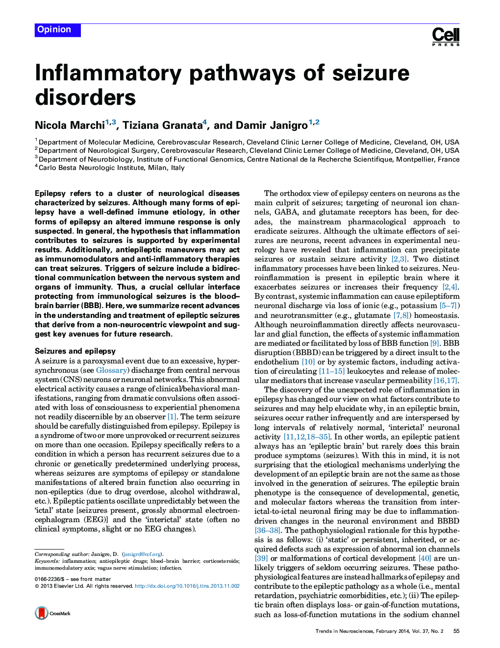 Inflammatory pathways of seizure disorders