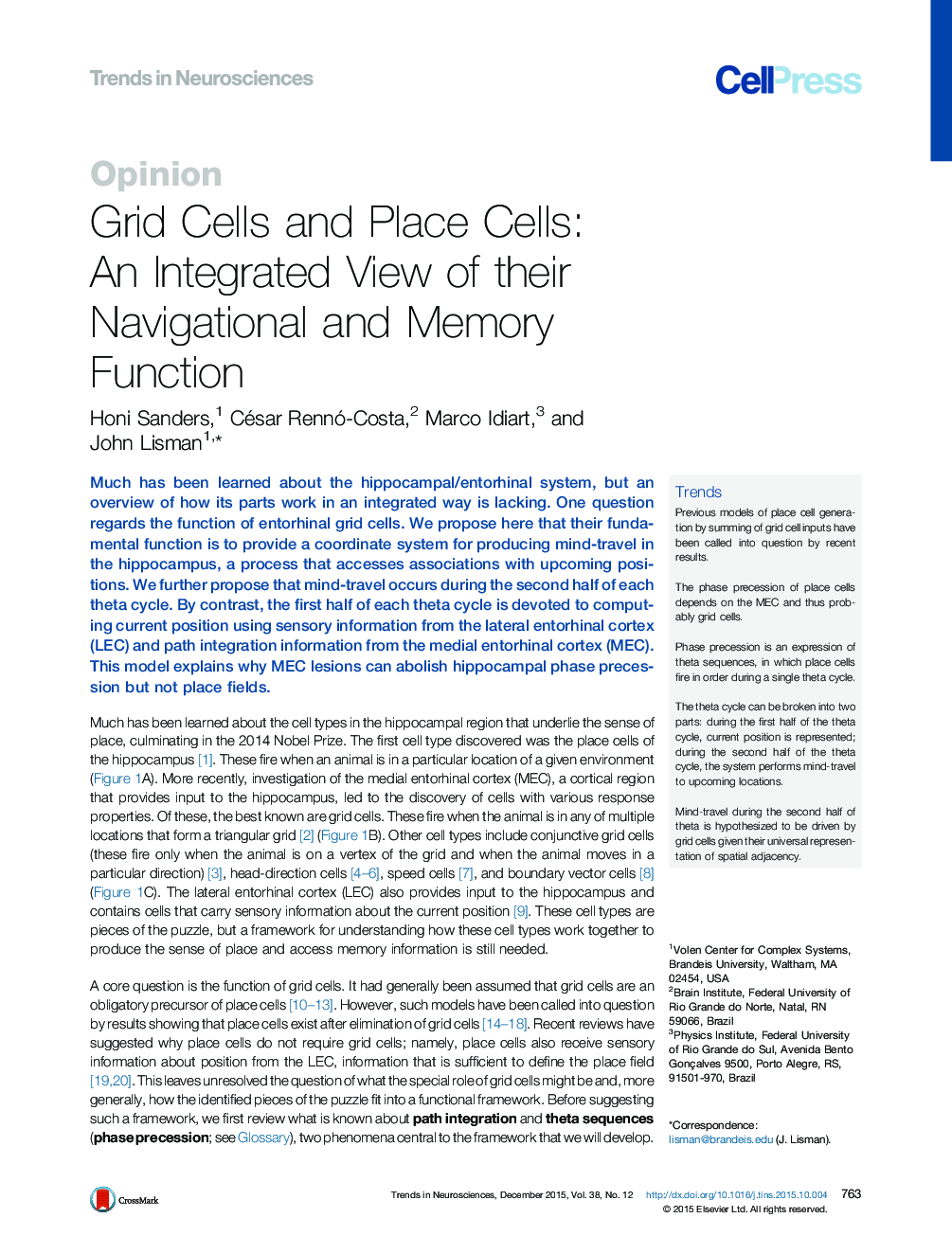 Grid Cells and Place Cells: An Integrated View of their Navigational and Memory Function