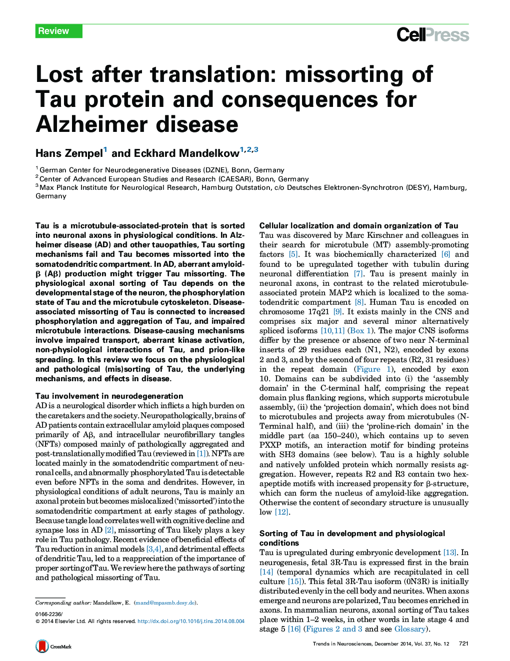 Lost after translation: missorting of Tau protein and consequences for Alzheimer disease