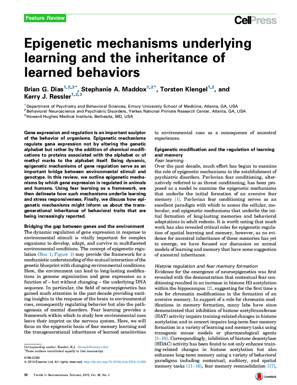 Epigenetic mechanisms underlying learning and the inheritance of learned behaviors