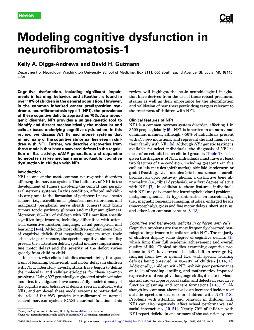 Modeling cognitive dysfunction in neurofibromatosis-1