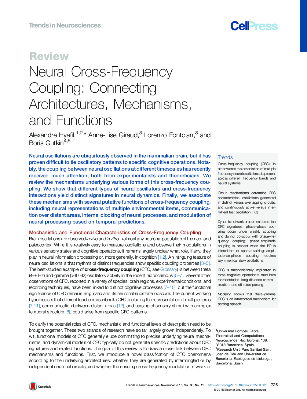 Neural Cross-Frequency Coupling: Connecting Architectures, Mechanisms, and Functions