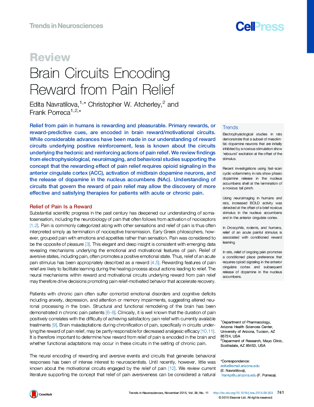 Brain Circuits Encoding Reward from Pain Relief