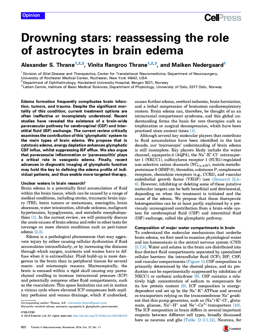 Drowning stars: reassessing the role of astrocytes in brain edema