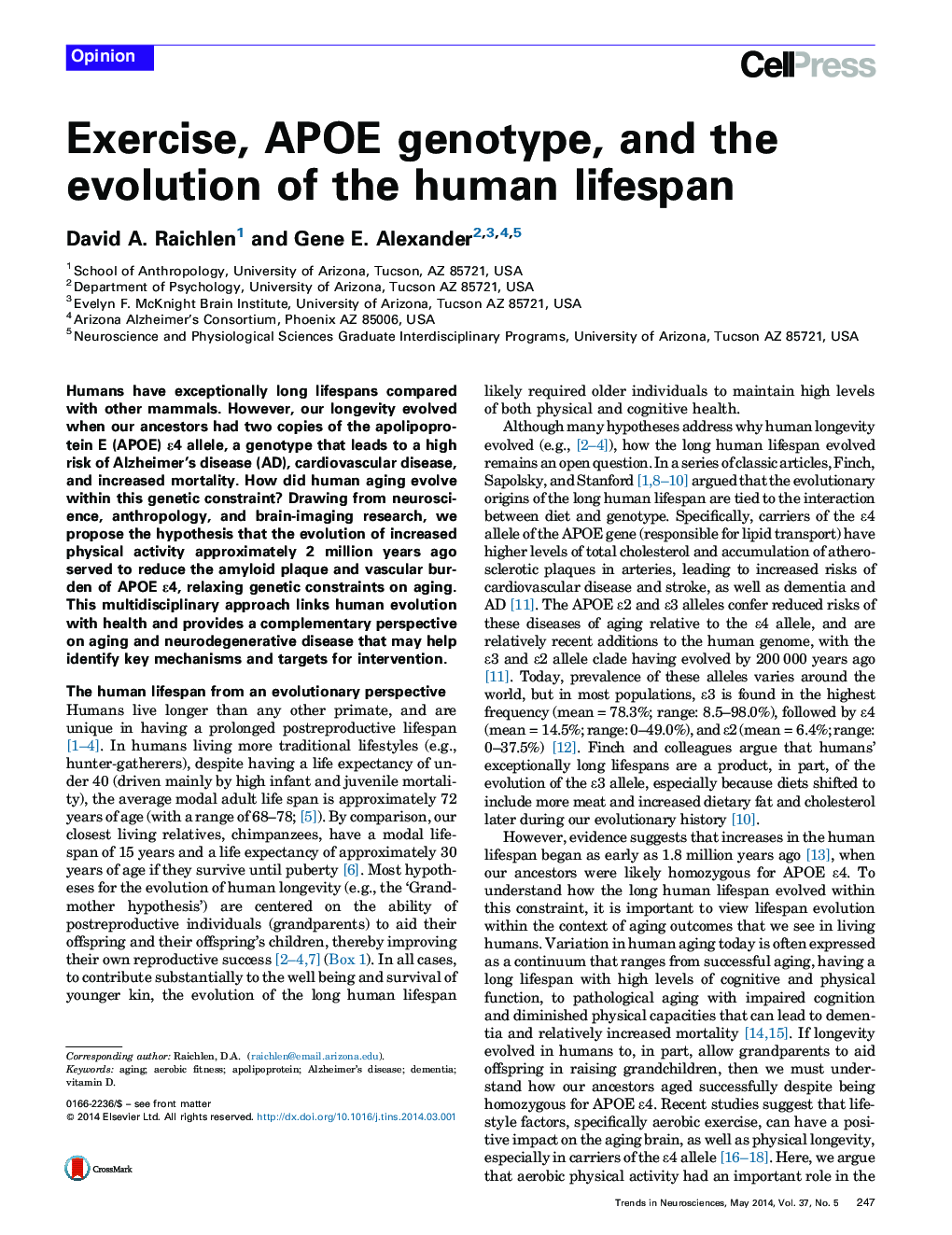 Exercise, APOE genotype, and the evolution of the human lifespan