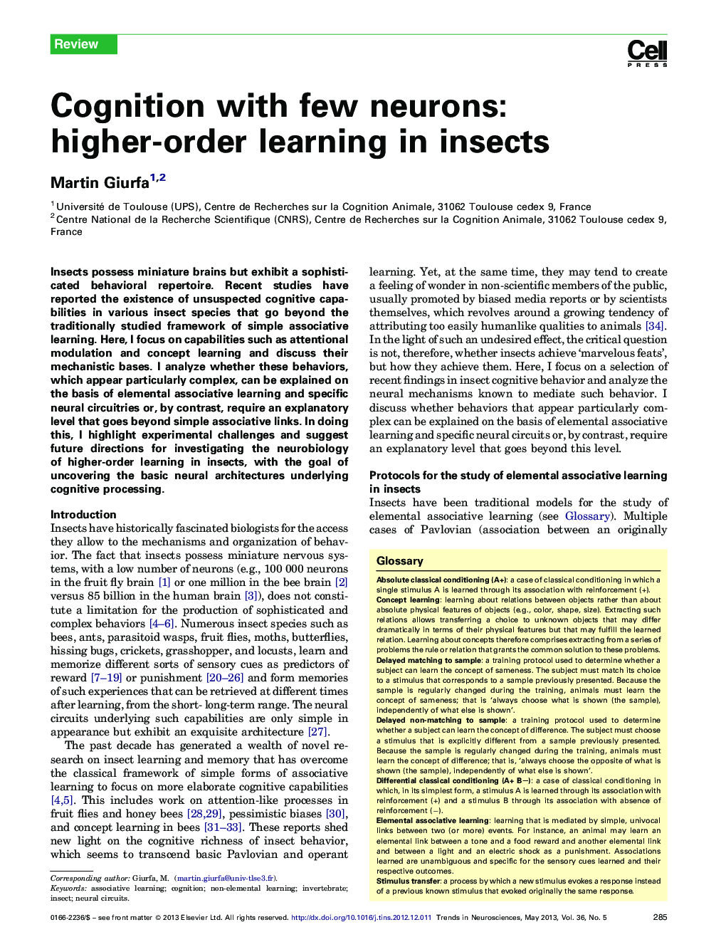Cognition with few neurons: higher-order learning in insects
