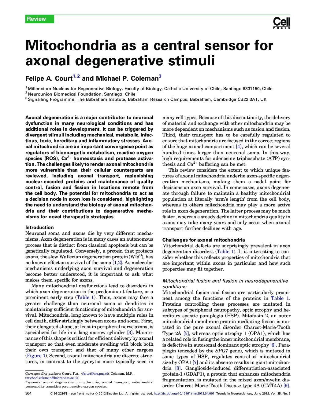 Mitochondria as a central sensor for axonal degenerative stimuli